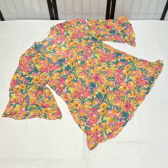 Anne Cole Ruffle Bell Sleeve V Neck Sheer Crinkle Bright Floral Tunic Dress NEW - Picture 9 of 13